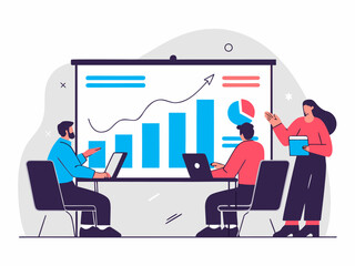 Team of professionals analyzing data, strategy planning session, financial growth visualization