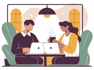 Business partners using laptops in coffee shop, freelance teamwork concept