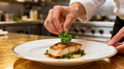 In a well-equipped restaurant kitchen, a skilled chef adds a fresh herb garnish to a perfectly cooked fish dish placed on an elegant white plate. The environment is busy and professional