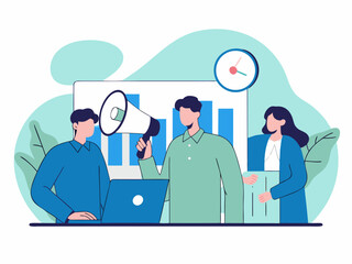 Team discussing marketing strategy, laptop and analytics chart