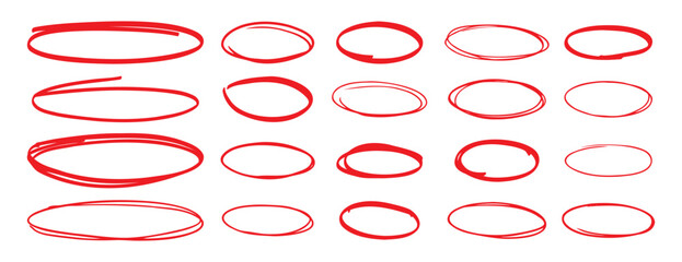 red pen hand drawn doodle marks, red circle and oval stroke set. Outline red drawing line clipart symbol