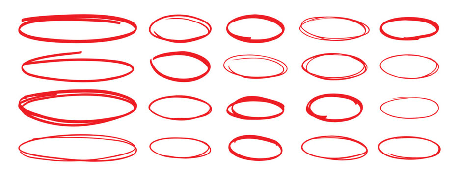 red pen hand drawn doodle marks, red circle and oval stroke set. Outline red drawing line clipart symbol