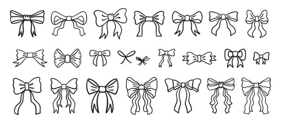 Various doodle bows Set. Bow knots, tie ups, gift ribbons, . Hand Bow Gift bows, doodle style. Festive decoration, invitation elements, packaging, wedding design