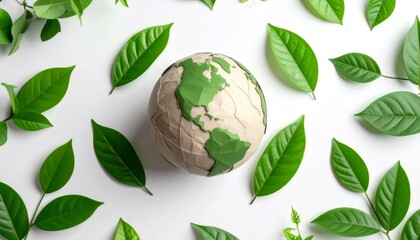 Paper globe earth with green leaves for environment concept
