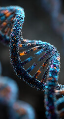 Close-up of blue DNA helix structure, detailed 3D model, showcasing genetic code concept, representing science, medicine, and biotechnology