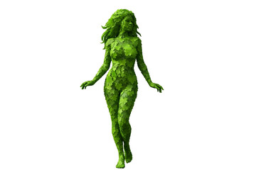 Fototapeta premium Silhouette of a woman made of green leaves isolated on transparent background
