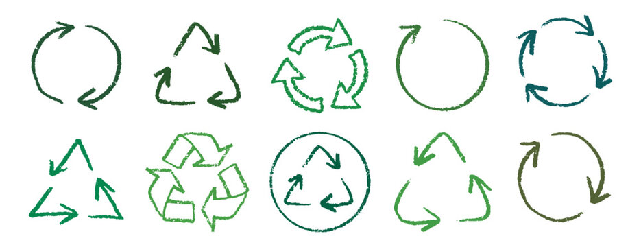 Recycle arrow hand drawn pencil line icon set. Crayon green recycle arrow chalk Icon Vector drawing