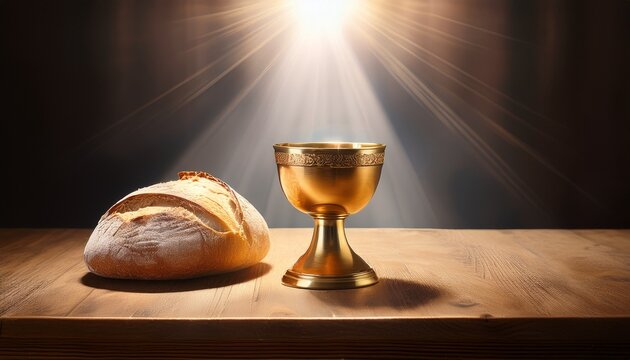 calice dore et pain sur une table en bois avec rayon de lumiere symboles de la cene dans la tradition chretienne communion eucharistique et spiritualite biblique