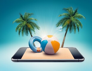 summer vacation on smartphone with palm trees beach ball and inflatable ring symbolizing travel and relaxation