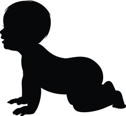 Black silhouette of crawling baby on white background, cute infant child vector design for family, parenting, childhood, nursery, and love concept illustration