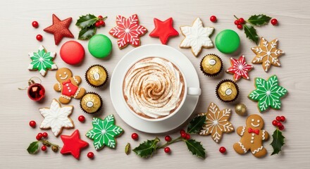 Festive Christmas treats including gingerbread cookies and macarons arranged around a cup of hot chocolate with whipped cream holiday season background