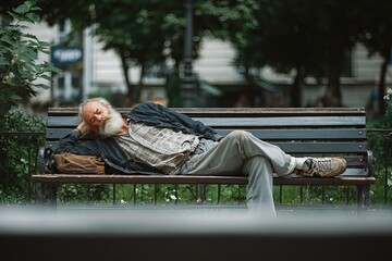 Young Man Sleeping on Park Bench in Daylight