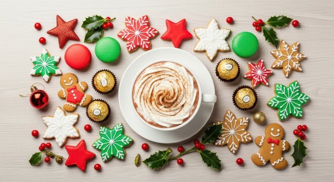 Festive Christmas treats including gingerbread cookies and macarons arranged around a cup of hot chocolate with whipped cream holiday season background