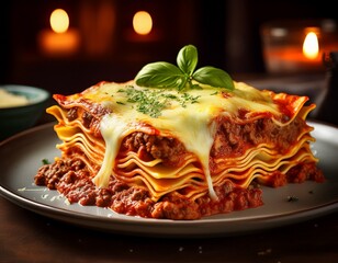 photo of a scrumptious plate of homemade lasagna with melted cheese and layers of pasta and meat sauce generative ai