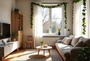 Fototapeta premium A modern apartment with minimalist decor, a garland along the window, and cozy lighting.