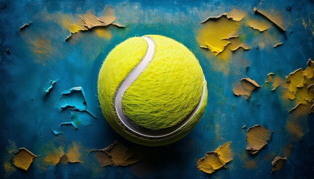 peinture au couteau balle de tennis jaune sur fond bleu texture avec des touches de vert style artistique abstrait evoquant la dynamique du jeu reference aux tournois us open et open draustralie