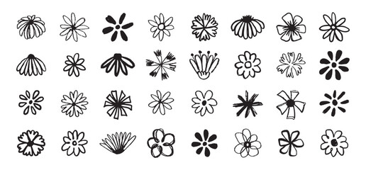 Flowers grunge brush doodle blossom icons set. Flowers Scribble ink hand drawn brush. Chamomile flowers markers crayons icons 