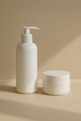 Minimalist Skincare Product Mockup – White Cosmetic Bottle and Cream Jar on Beige Background