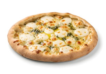 Realistic image of fresh manakeesh with cheese, sliced, isolated on pure white background, top view, professional studio lighting.