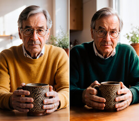 Elderly man holding a mug with both hands while sitting indoors