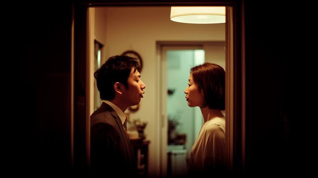 玄関で対峙し見つめ合う日本人夫婦（30代・40代）