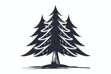 Three dark silhouette evergreen trees stand tall together on a flat ground plane