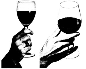 Retro xerography collage of hands holding wine glasses, black and white halftone engraving minimal art isolated on transparent background