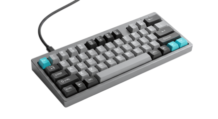 A compact 60 mechanical keyboard with custom keycaps isolated on transparent background, perfect for gaming and typing enthusiasts alike