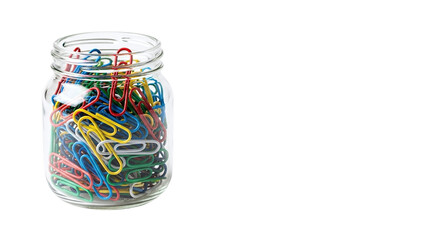 Glass jar filled with colorful paper clips, isolated on transparent background, perfect for office supplies, organization, and creative projects