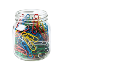 Glass jar filled with colorful paper clips, isolated on transparent background, perfect for office supplies, organization, and creative projects