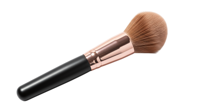 A fluffy makeup brush with black handle isolated on transparent background, perfect for applying powder and creating a flawless finish