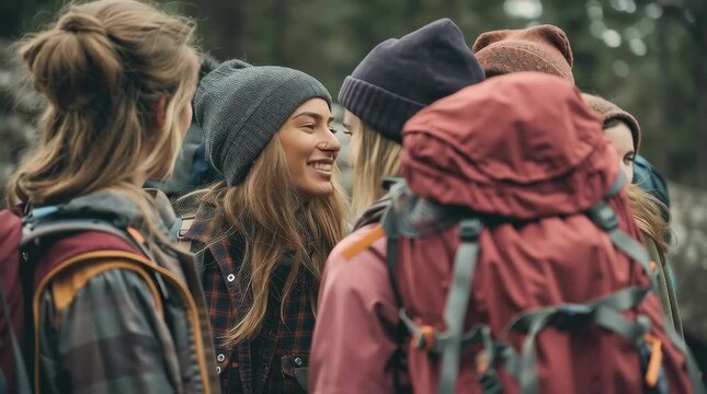 Group of young women carrying backpacks talking meeting together outdoors, end of year trip	
