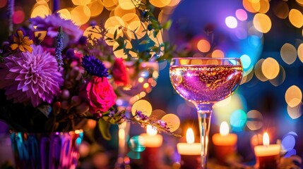 Sparkling party still life with cocktail glass flowers candles and confetti in vivid neon bokeh, festive celebration close up