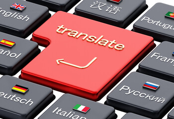 Fototapeta premium Translate word on enter key in a keyboard with country flags isolated on transparent background. 3D illustration