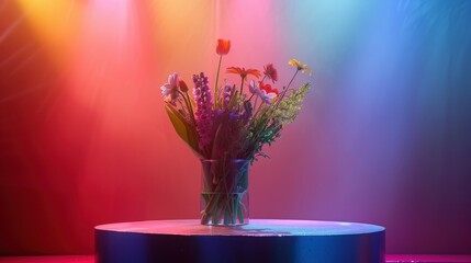 Low bowl of bright gerbera daisies against red and blue neon backdrop with scattered petals, colorful party still life