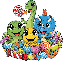 Fototapeta premium Cute Baby Dinosaurs with Colorful Candies Cartoon Vector Illustration