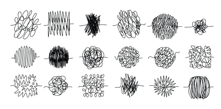 Chaos lines doodle set. Hand drawn tangled clew. Insane scribble lines. confused doodle scribbles.