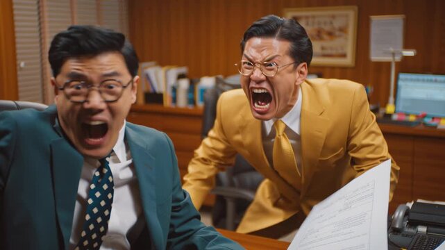 オフィスで激しく言い争う2人のビジネスマン