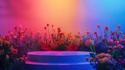 Low bowl of bright gerbera daisies against red and blue neon backdrop with scattered petals, colorful party still life