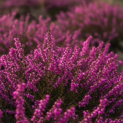 A detailed close-up image showing dense clusters of tiny magenta and lilac flowers covering the stalks of hardy wild heather bushes growing in sunlight, landscape, healthy, closeup