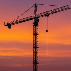 A large construction tower crane silhouetted against a beautiful, vibrant orange and pink evening sunset sky ,industry ,lifting ,light