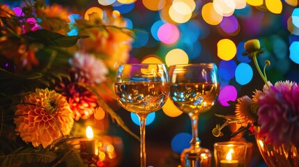 Sparkling party still life with cocktail glass flowers candles and confetti in vivid neon bokeh, festive celebration close up