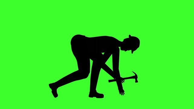 Man silhouette worker with hammer green screen