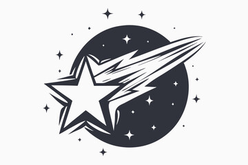 Stylized five pointed star with streaking lines creates a dynamic cosmic movement across space