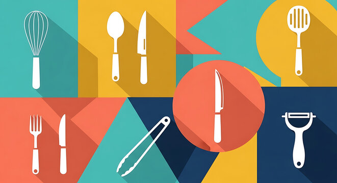 Kitchen Utensils Flat Design Icons Cooking and Dinner Equipment - Powered by Adobe