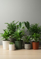 Fototapeta premium Lush green collection of diverse indoor plants thriving in pots on a bright wooden surface, highlighting domestic tranquility and natural decor ,fern ,aesthetic ,nature