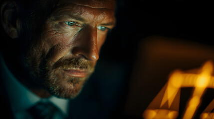 Businessman using laptop with glowing golden justice scales icon, symbolizing law, fairness, legal advice, and online court services in modern digital technology and business ethics.