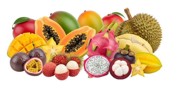 Assortment of Exotic Tropical Fruits Including Mango Papaya Dragon Fruit Durian passion fruit