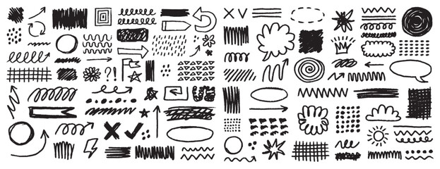 line hand drawn brush vector element doodle set. Grunge abstract chalk spiral, arrows element scribble line brush hand drawn sketch design.