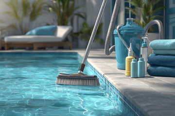 Swimming pool cleaning in process with vacuum brush and hose in water, maintenance products including chemical canisters, chlorine tablets, dispenser and test kit on poolside